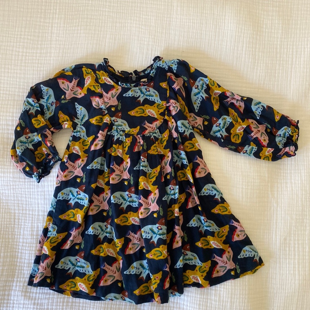 Pink Chicken Navy Dress with Pink, Yellow and Light Blue Bird Print